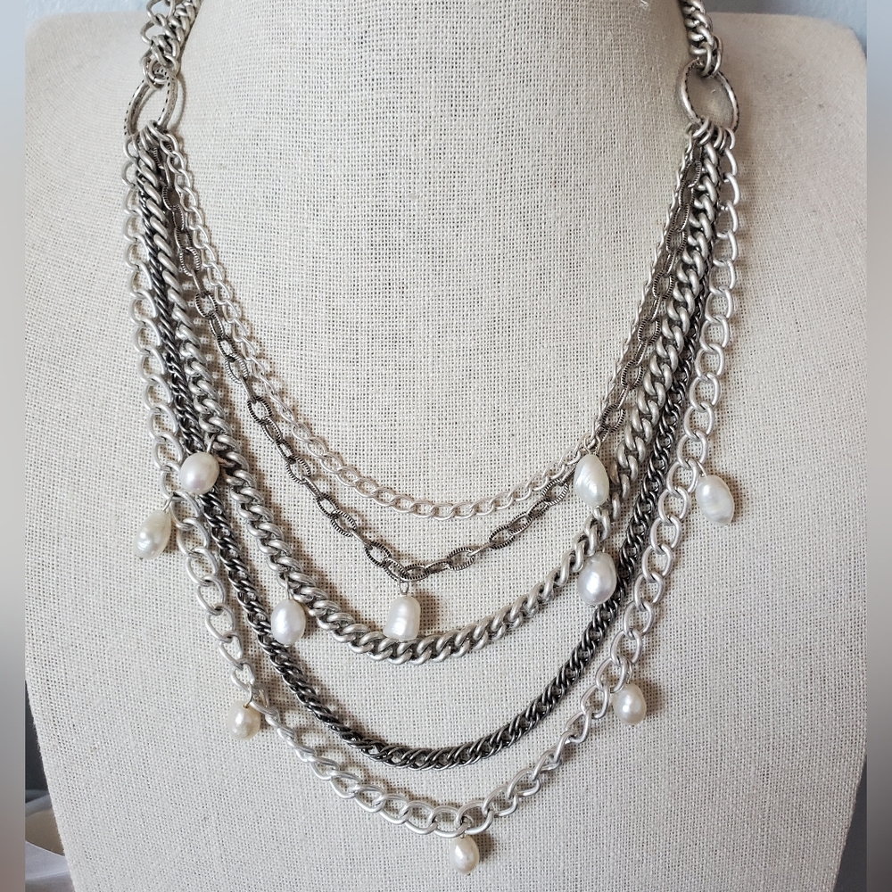 Stella & Dot Avery Freshwater Pearl Silver Tone Multi Strand Necklace
